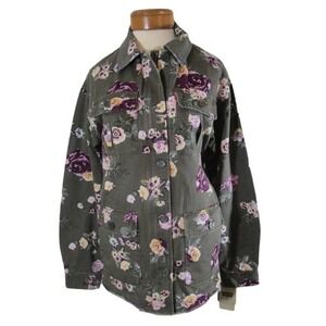 Levi Field‎ Shacket Womens 2X Olive Green Floral Full Zip Button Up Barn Coat